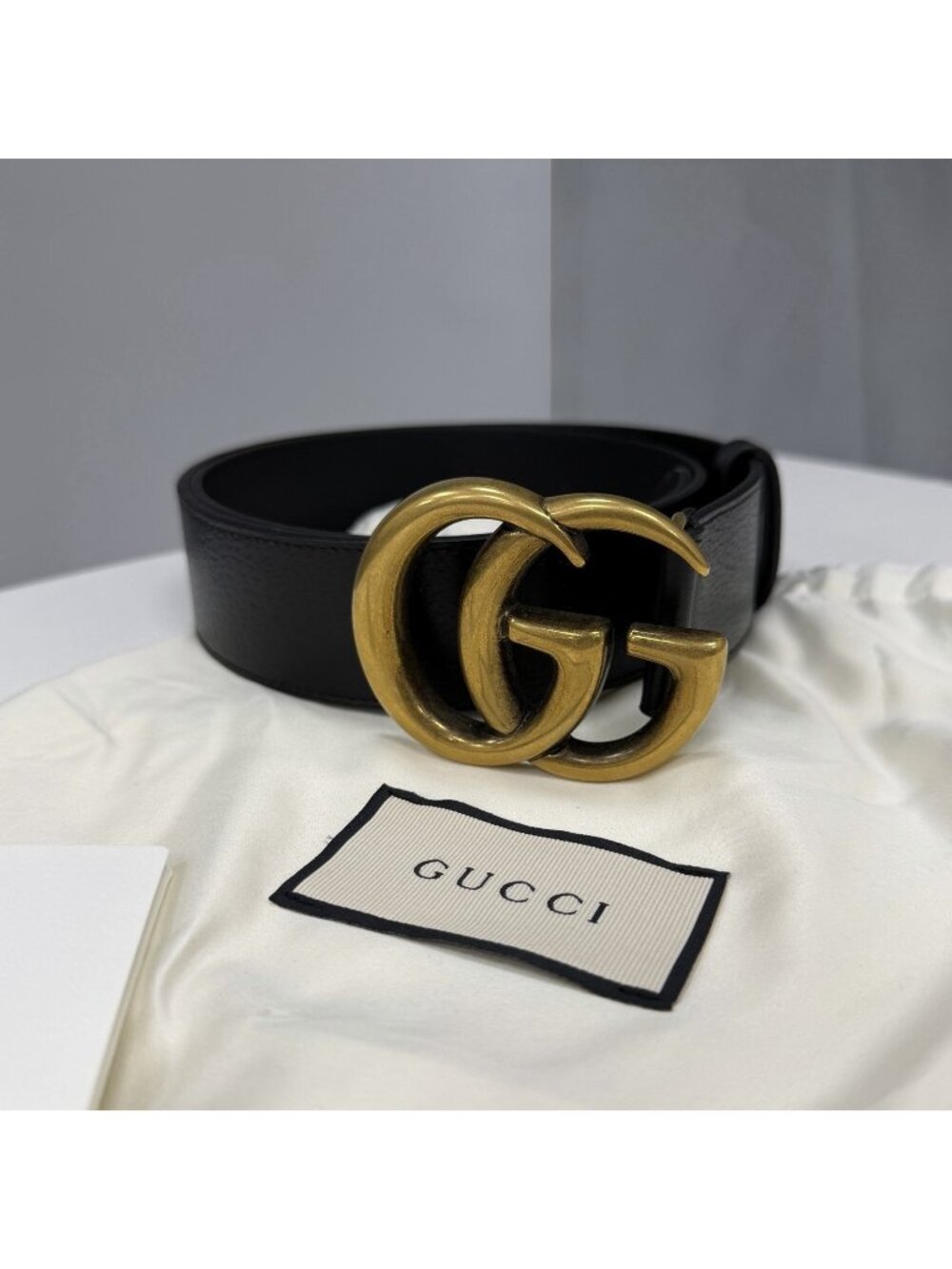 Gucci GG Marmont 1.5” Wide Textured Leather Belt 85/34 Black/Gold 406831 NEW